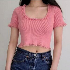 For Love & Lemons Pink Ribbed Calla Knit Cropped Top, Size S